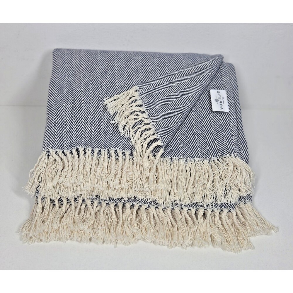 SFERRA Celine Herringbone Navy 100% Cotton Throw Blanket Quiet Luxury Portugal